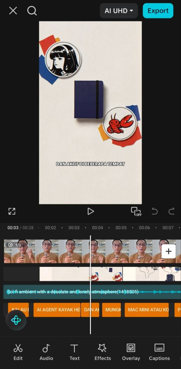 Screenshot CapCut dengan video talking head, subtitle, audio track, dan B-roll di timeline