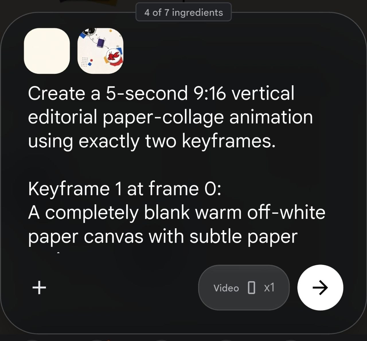 Screenshot Google Flow dengan dua keyframe dan prompt animasi video vertikal