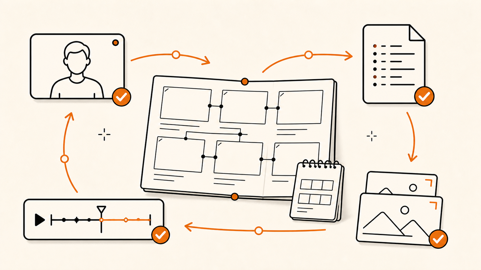 Editorial workflow yang menghubungkan video talking head, storyboard, start frame, end frame, dan motion B-roll