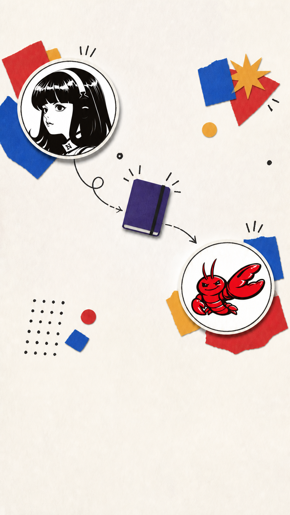 End frame Visual 1 dengan logo Hermes dan OpenClaw pada badge yang terhubung ke notebook ungu